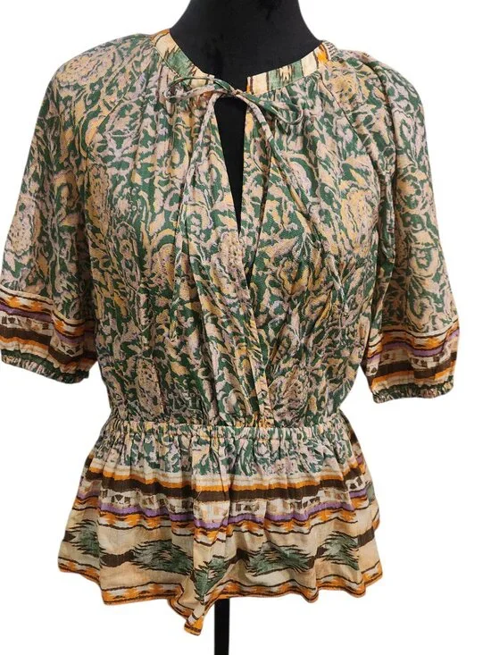 CURRENT AIR Floral Aztec Print V-Neck Short Sleeve Peplum Blouse Size L - Picture 2 of 6
